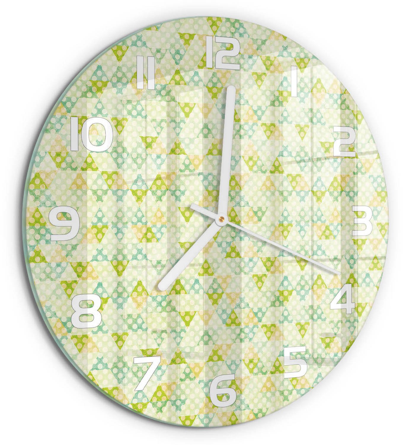 TULUP Wandklok - Geometrische achtergrond Decoratieve Glazen Klok - fi30 cm - Groente Glazen Wandklok Design - Witte handen - Ronde Klok - Glazen Klok Met Print - Wandklok Glas Met Motief