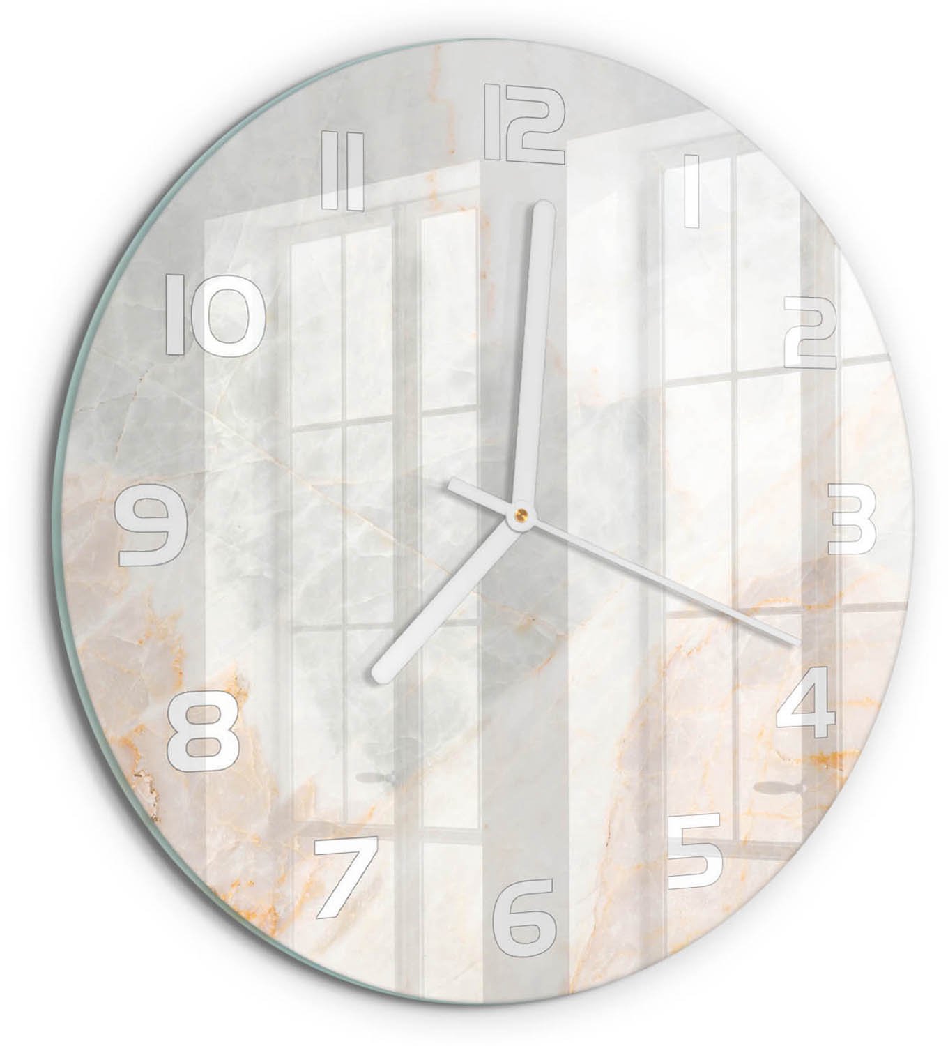 TULUP Wandklok - Marmer Klok Glas Met Opdruk - fi30 cm - Beige Moderne Wandklok Glas - Witte handen - Ronde Klok - Decoratieve Glazen Klok - Glazen Wandklok Design