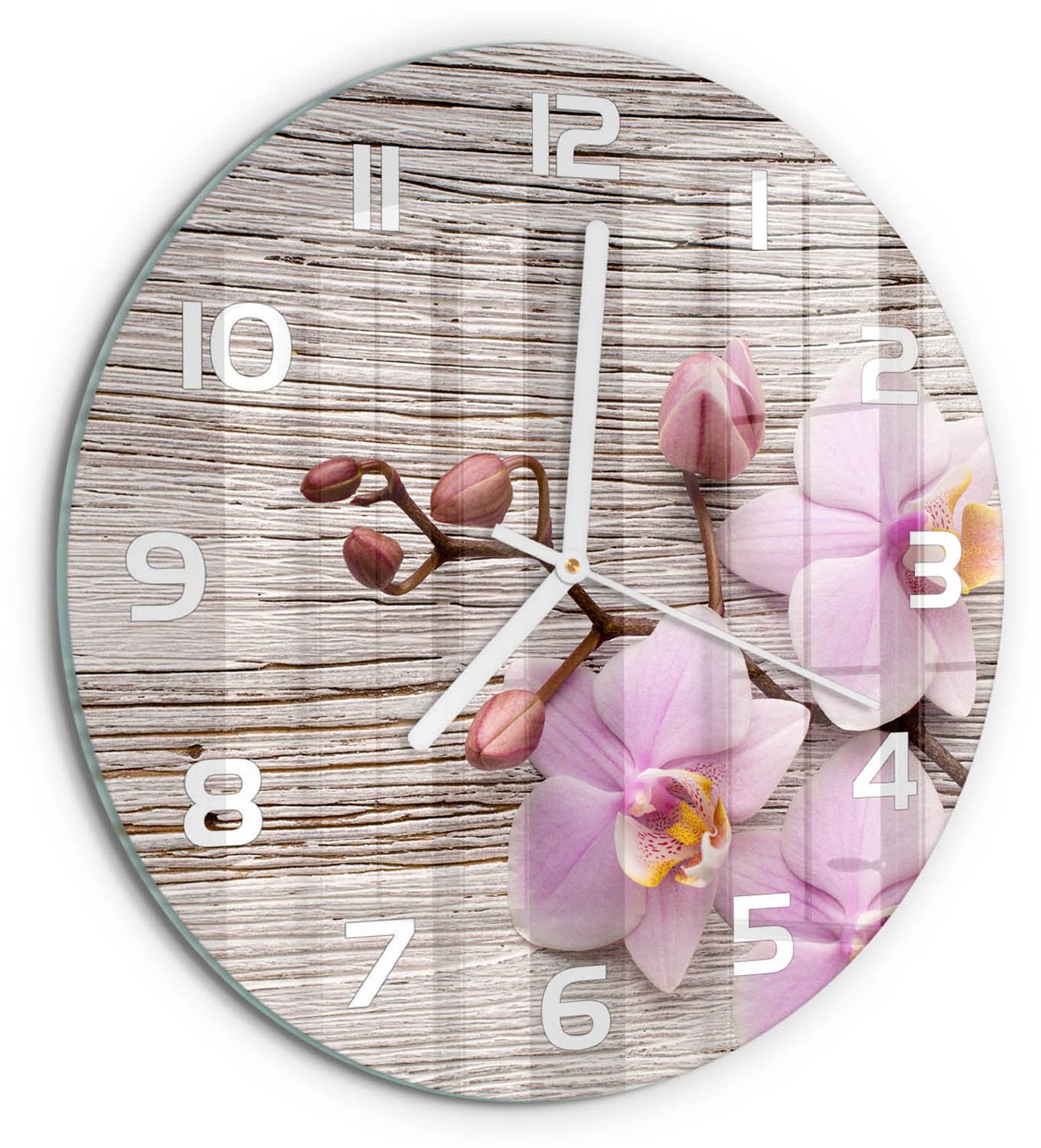 TULUP Wandklok - Orchidee op hout Moderne Wandklok Glas - fi30 cm - Beige Wandklok Glas Decoratie - Witte handen - Ronde Klok - Glazen Wandklok Design - Klok Glas Met Opdruk