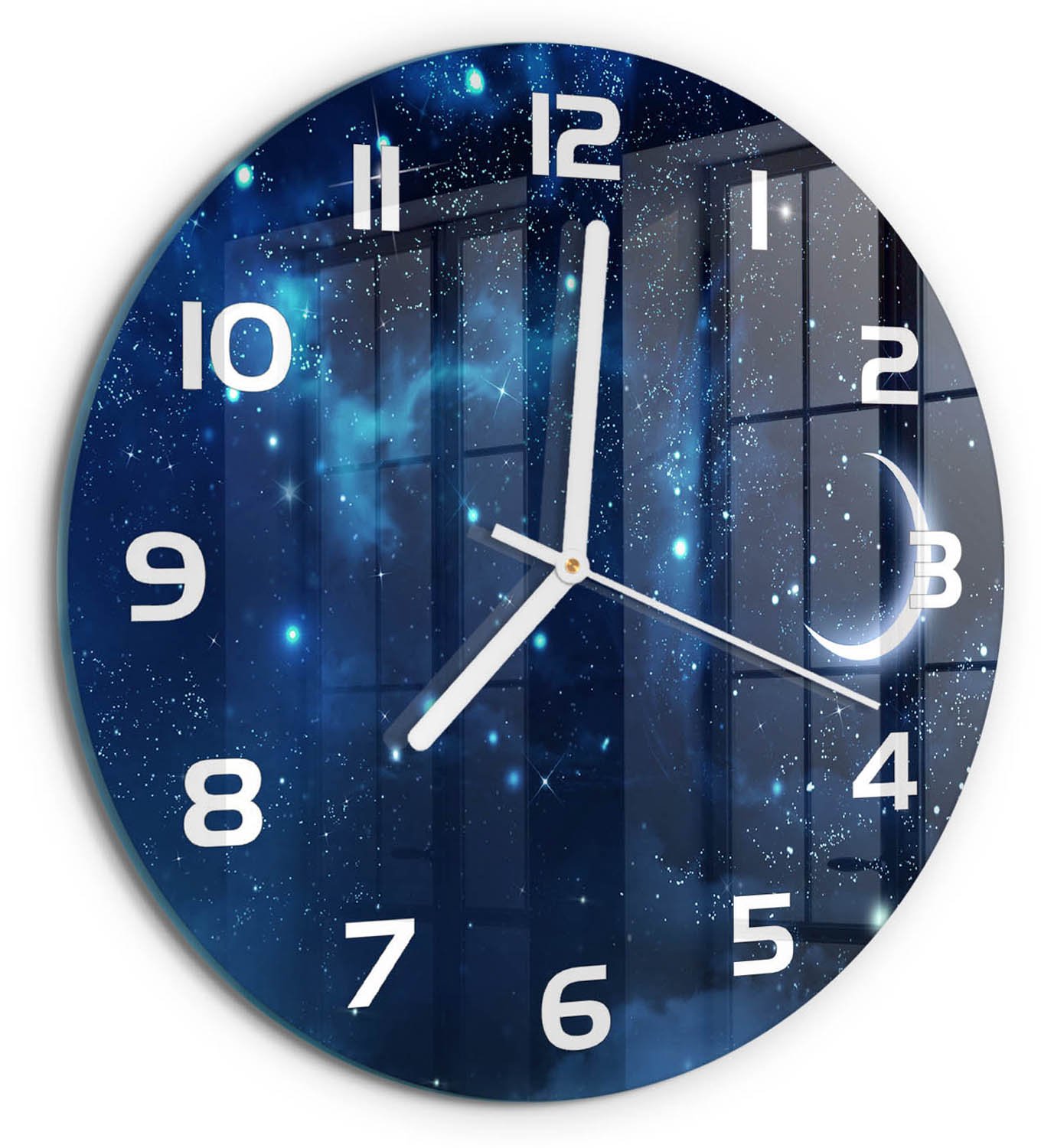 TULUP Wandklok - Sterrenhemel Wandklok Glas Met Motief - fi30 cm - Blauw Decoratieve Glazen Klok - Witte handen - Ronde Klok - Gekleurde Glazen Klok - Glazen Klok Met Print