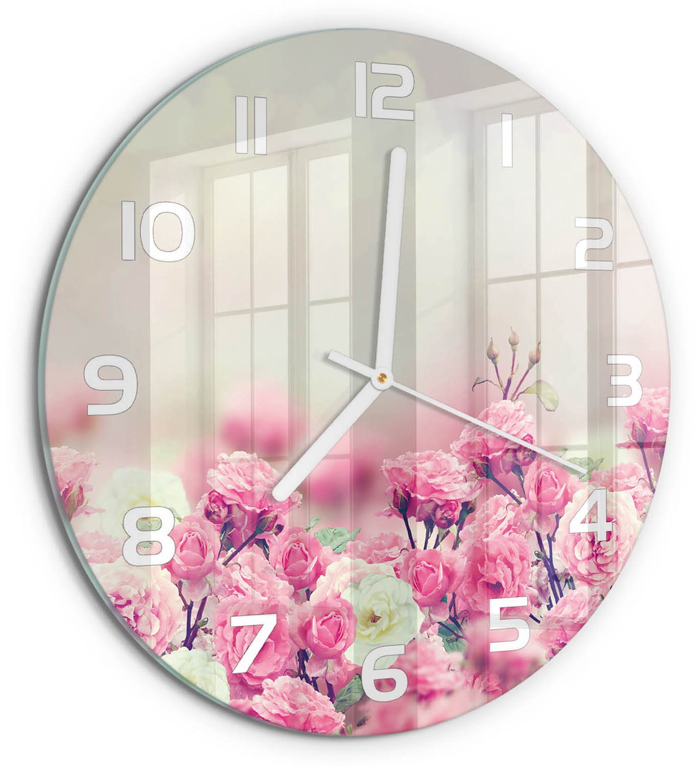 TULUP Wandklok - Wilde rozenbloemen Glazen Wandklok Design - fi30 cm - Roze Klok Glas Met Opdruk - Witte handen - Ronde Klok - Wandklok Glas Met Motief - Decoratieve Glazen Klok