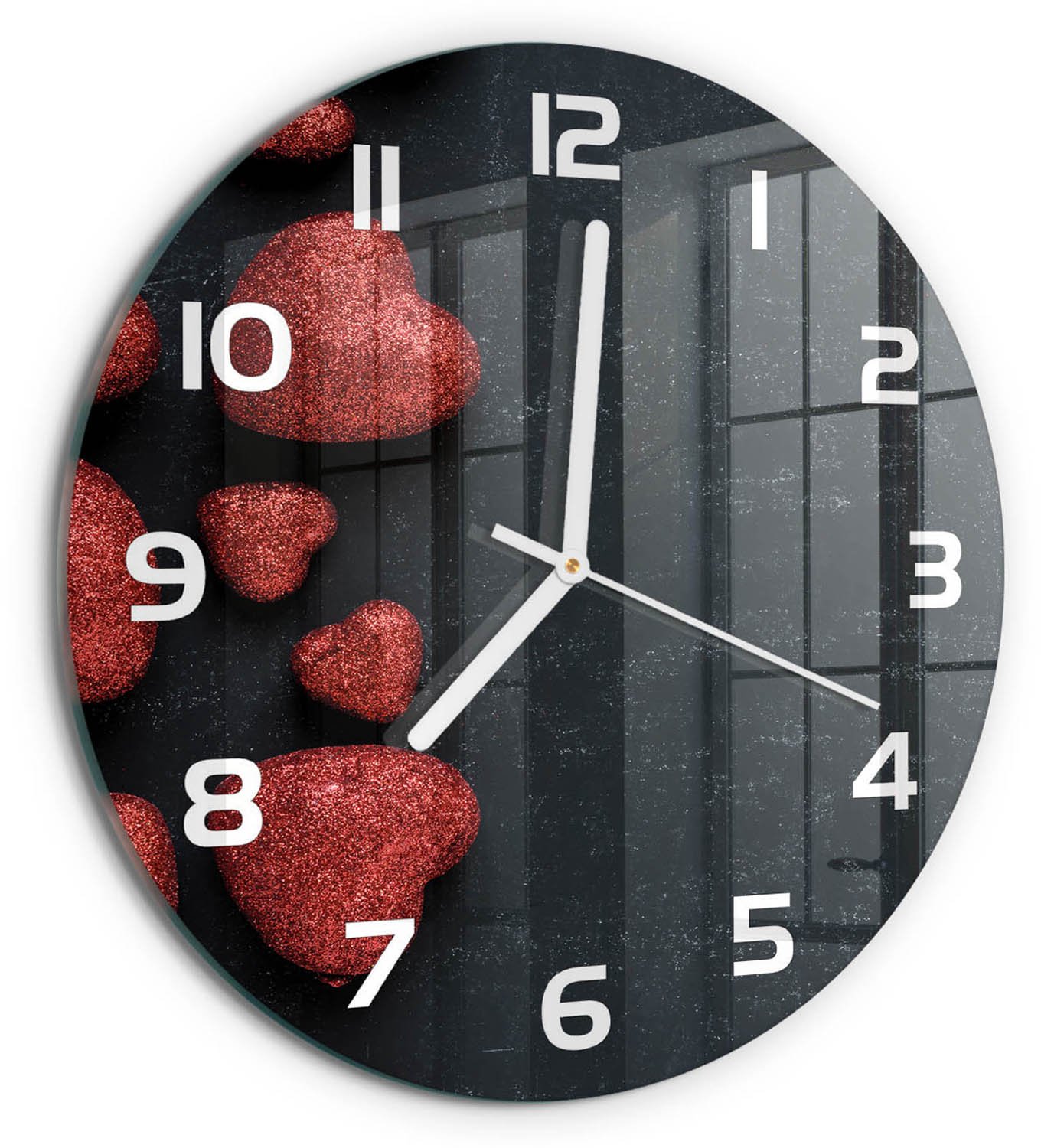 TULUP Wandklok - Harten op het bord Klok Glas Met Opdruk - fi30 cm - Rood Moderne Wandklok Glas - Witte handen - Ronde Klok - Decoratieve Glazen Klok - Glazen Wandklok Design