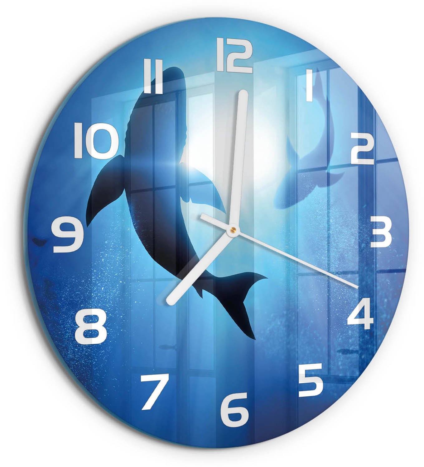 TULUP Wandklok - Twee haaien Glazen Wandklok Design - fi30 cm - Blauw Klok Glas Met Opdruk - Witte handen - Ronde Klok - Wandklok Glas Met Motief - Decoratieve Glazen Klok