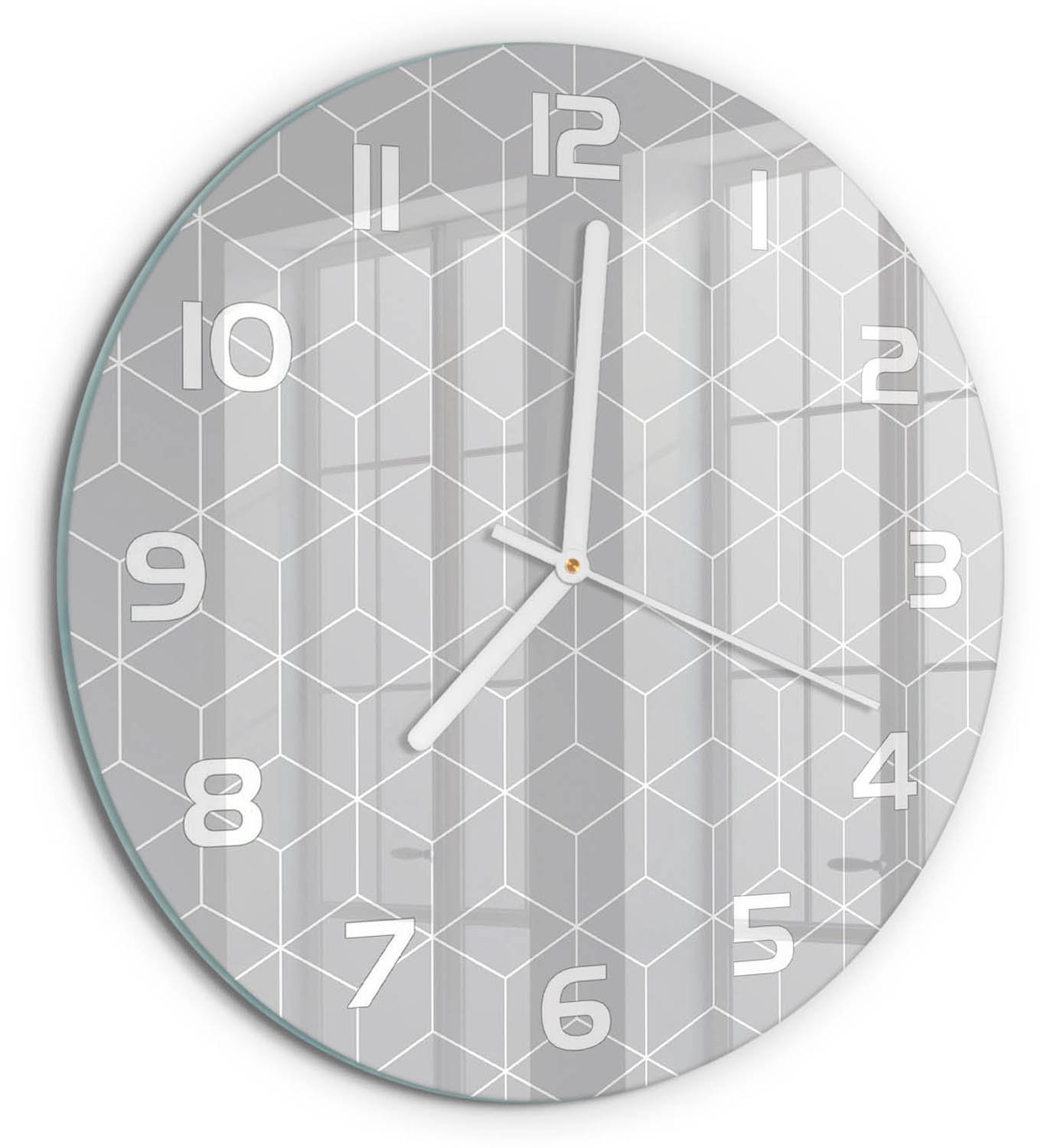 TULUP Wandklok - Geometrische achtergrond Gekleurde Glazen Klok - fi30 cm - Grijs Glazen Klok Met Print - Witte handen - Ronde Klok - Moderne Wandklok Glas - Wandklok Glas Decoratie