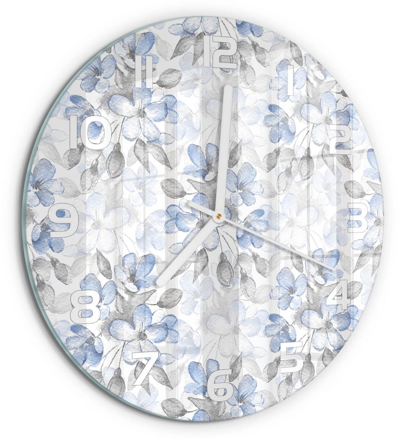 TULUP Wandklok - delicate bloemen Glazen Klok Met Print - fi30 cm - Blauw Wandklok Glas Met Motief - Witte handen - Ronde Klok - Wandklok Glas Decoratie - Gekleurde Glazen Klok