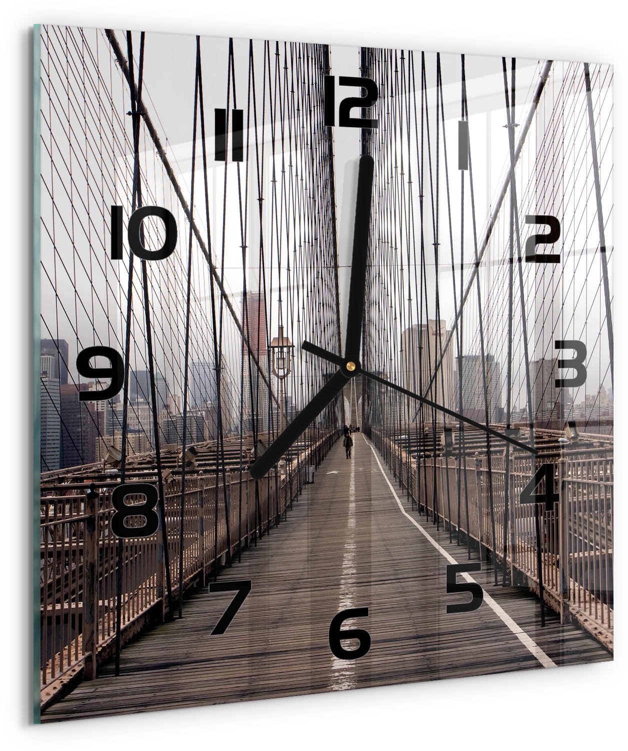 TULUP Wandklok - Brooklynbrug Glazen Wandklok Design - 30x30 cm - Bruin Klok Glas Met Opdruk - Zwarte handen - Vierkante Klok - Wandklok Glas Met Motief - Decoratieve Glazen Klok