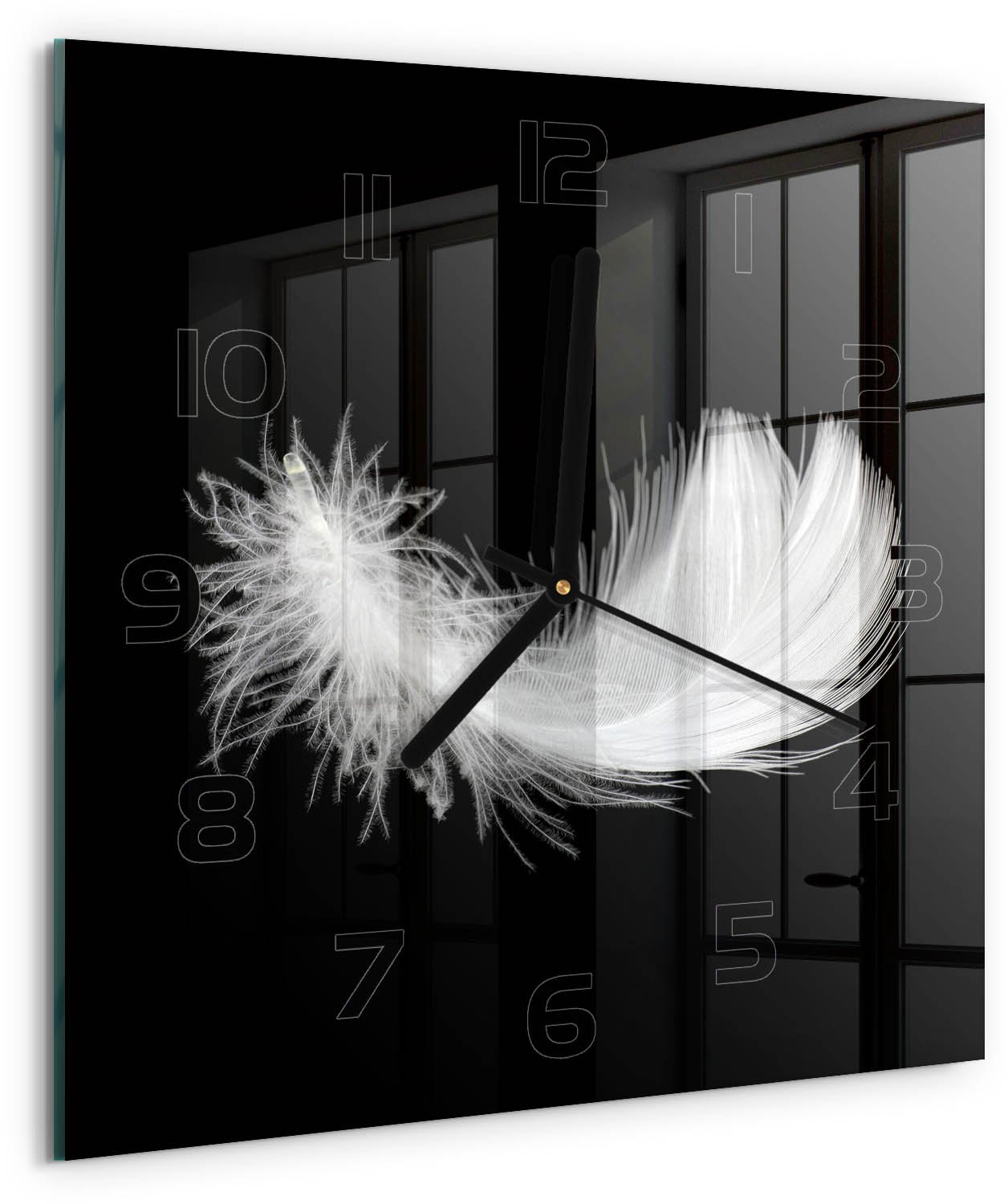 TULUP Wandklok - Pen Wandklok Glas Decoratie - 30x30 cm - Wit Gekleurde Glazen Klok - Zwarte handen - Vierkante Klok - Klok Glas Met Opdruk - Moderne Wandklok Glas