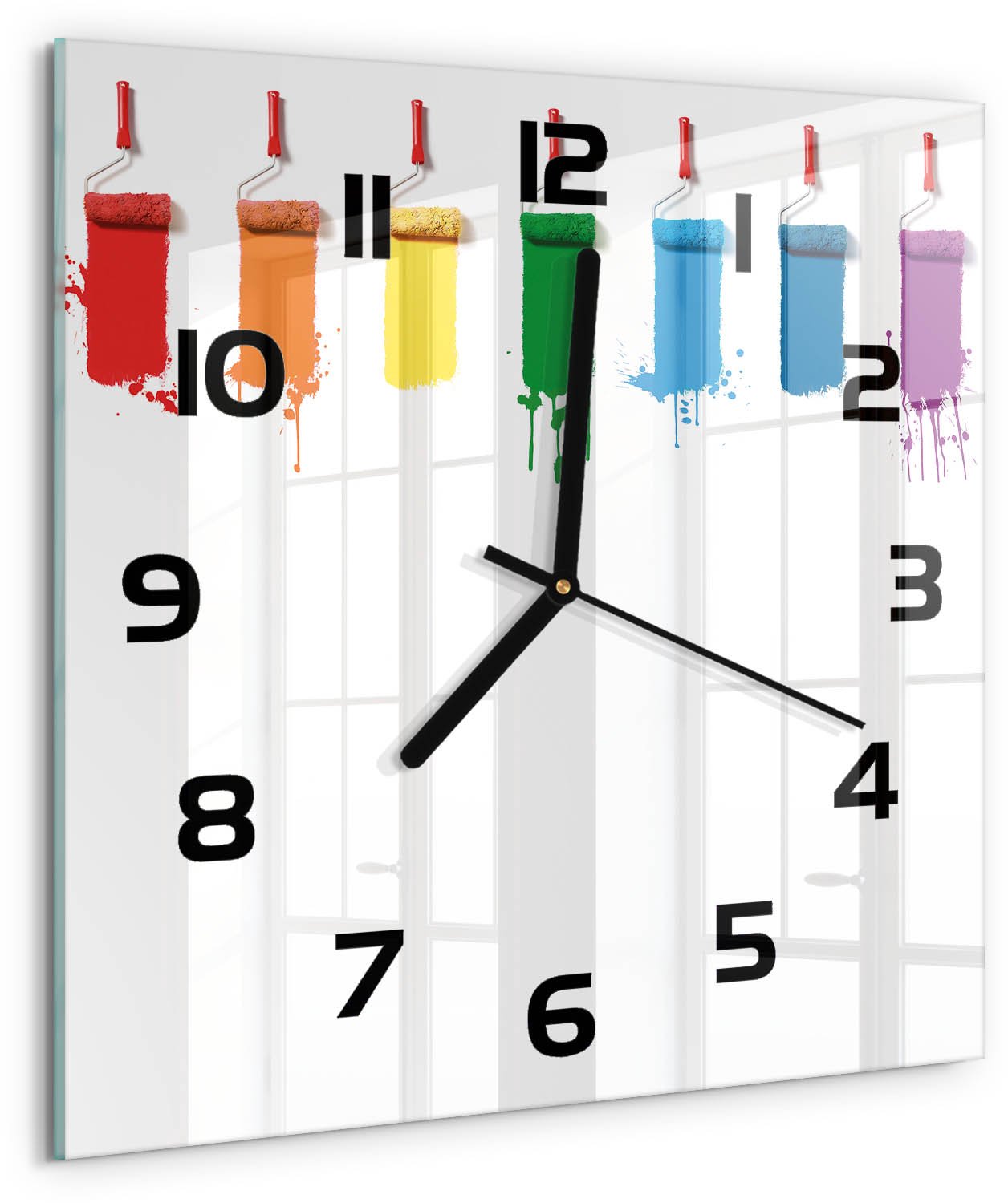 TULUP Wandklok - Verfrollers Klok Glas Met Opdruk - 30x30 cm - Veelkleurig Moderne Wandklok Glas - Zwarte handen - Vierkante Klok - Decoratieve Glazen Klok - Glazen Wandklok Design