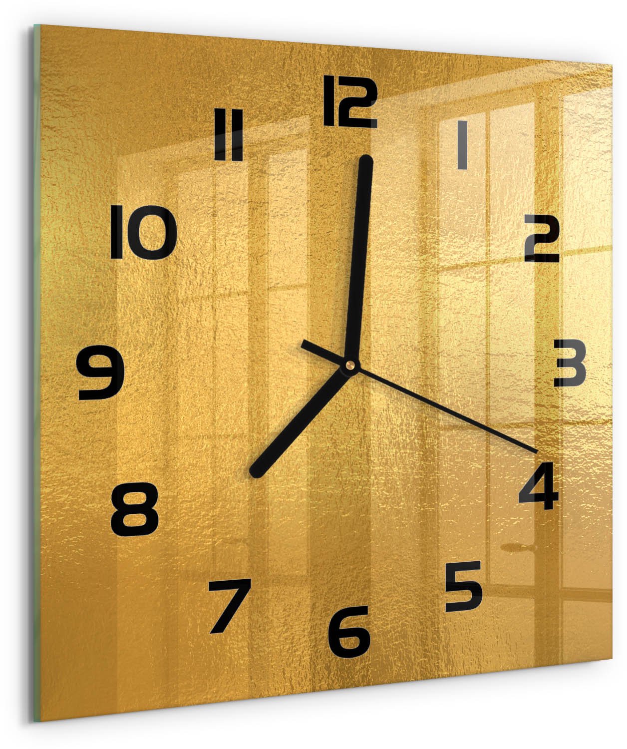 TULUP Wandklok - Achtergrond van goudfolie Klok Glas Met Opdruk - 30x30 cm - Gouden Moderne Wandklok Glas - Zwarte handen - Vierkante Klok - Decoratieve Glazen Klok - Glazen Wandklok Design