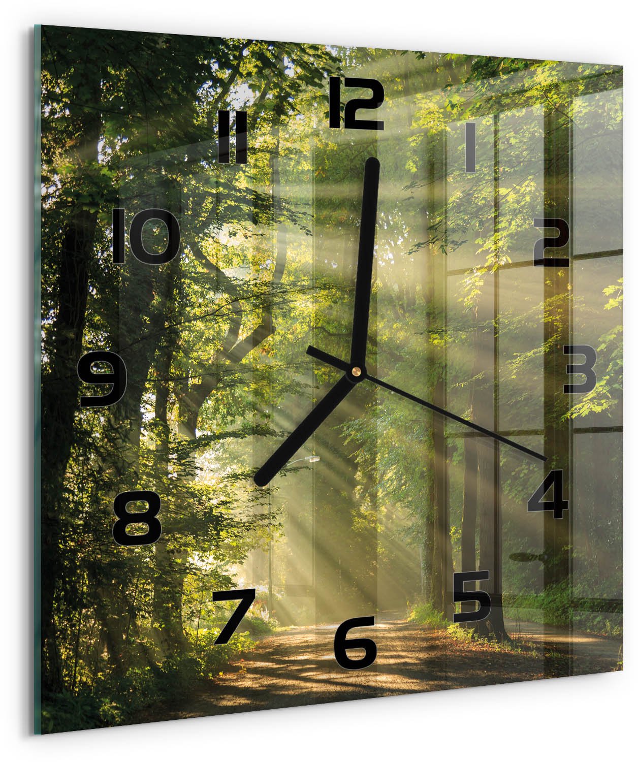 Tulup Wandklok - Bos in de zon Glazen Klok Met Print - 30x30 cm - Groente Wandklok Glas Met Motief - Zwarte handen - Vierkante Klok - Wandklok Glas Decoratie - Gekleurde Glazen Klok
