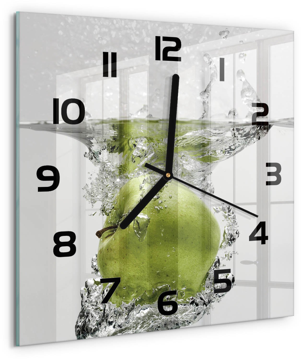 Tulup Wandklok - Appel onder water Gekleurde Glazen Klok - 30x30 cm - Groente Glazen Klok Met Print - Zwarte handen - Vierkante Klok - Moderne Wandklok Glas - Wandklok Glas Decoratie