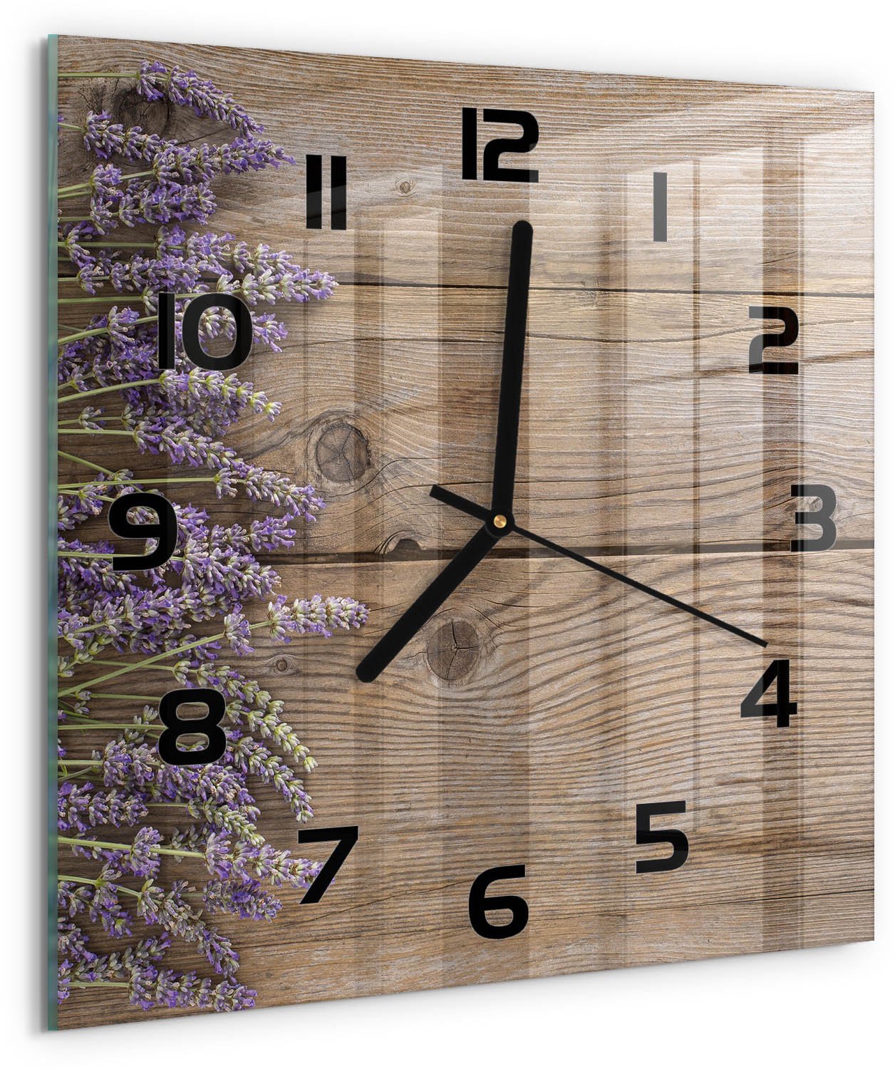 TULUP Wandklok - Lavendel op hout Gekleurde Glazen Klok - 30x30 cm - Bruin Glazen Klok Met Print - Zwarte handen - Vierkante Klok - Moderne Wandklok Glas - Wandklok Glas Decoratie
