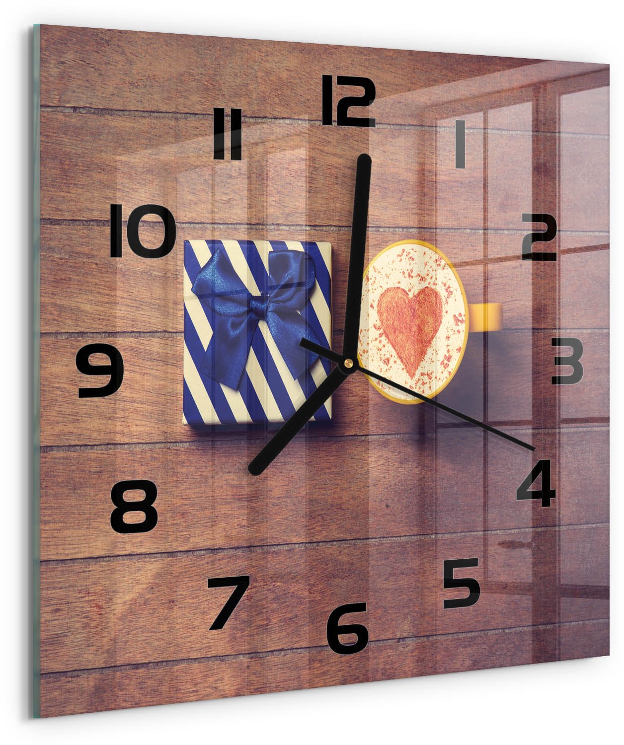 Tulup Wandklok - Koffie en cadeau Moderne Wandklok Glas - 30x30 cm - Blauw Wandklok Glas Decoratie - Zwarte handen - Vierkante Klok - Glazen Wandklok Design - Klok Glas Met Opdruk