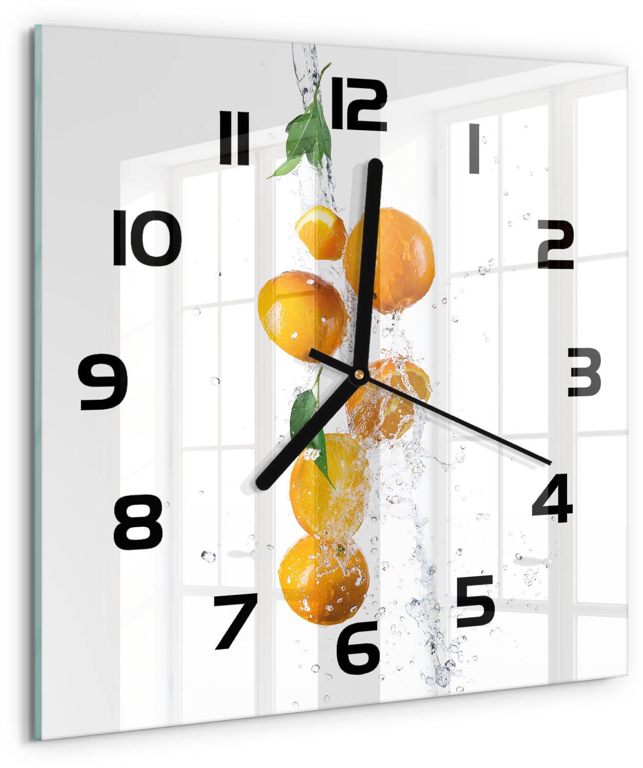 Tulup Wandklok - Sinaasappels en water Glazen Wandklok Design - 30x30 cm - Geel Klok Glas Met Opdruk - Zwarte handen - Vierkante Klok - Wandklok Glas Met Motief - Decoratieve Glazen Klok