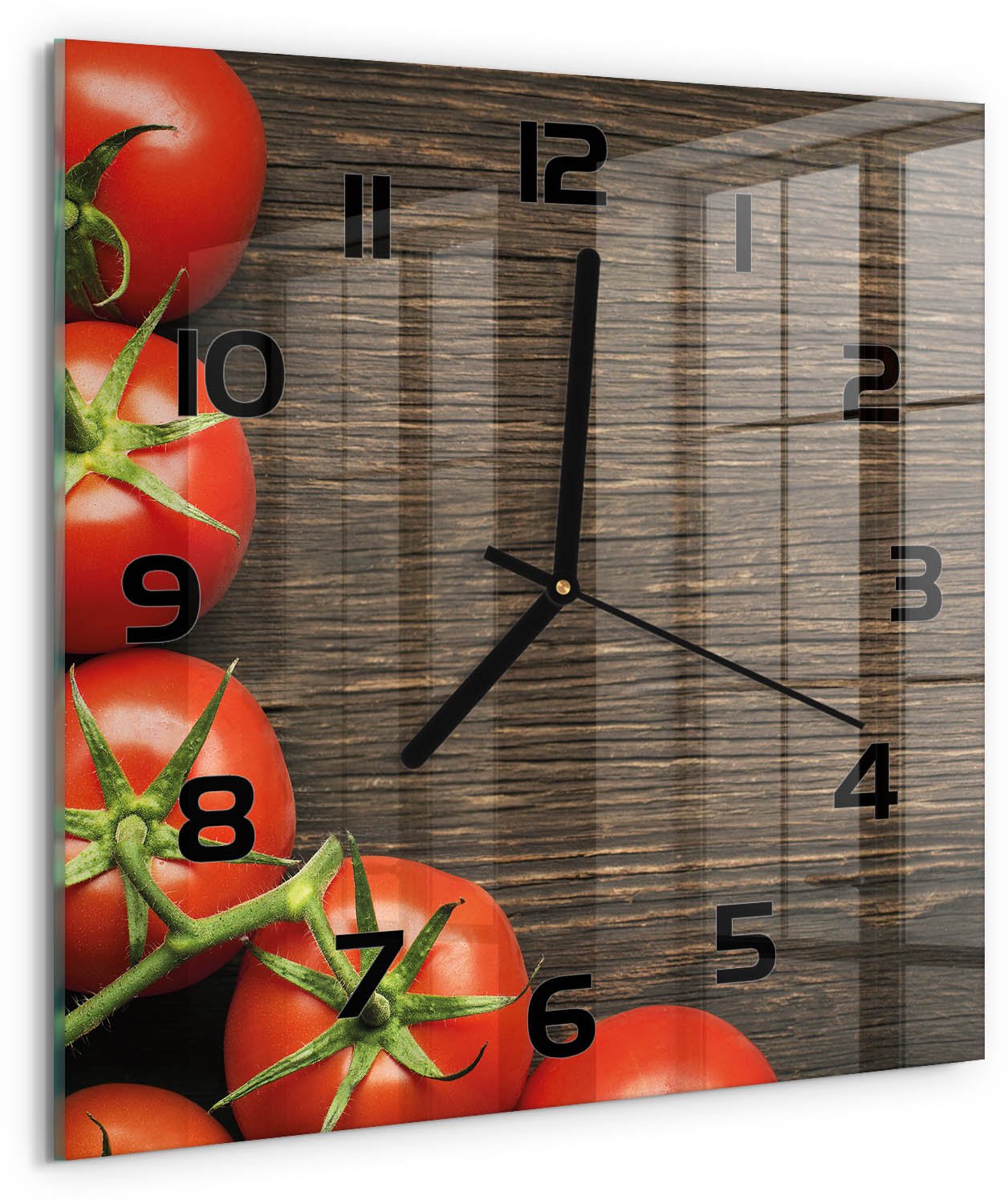 Tulup Wandklok - Tomaten op hout Moderne Wandklok Glas - 30x30 cm - Rood Wandklok Glas Decoratie - Zwarte handen - Vierkante Klok - Glazen Wandklok Design - Klok Glas Met Opdruk