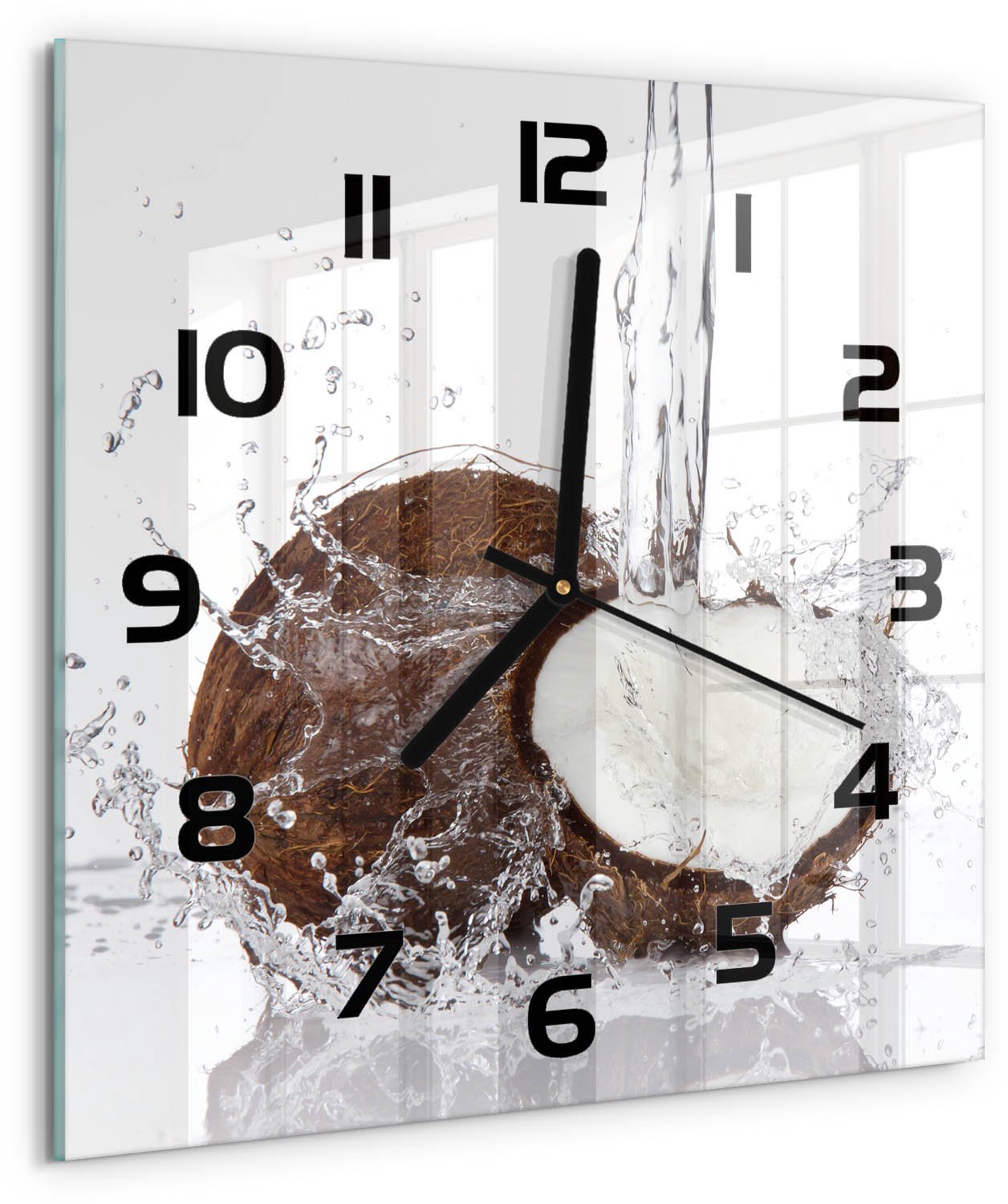 TULUP Wandklok - Kokosnoot Glazen Wandklok Design - 30x30 cm - Bruin Klok Glas Met Opdruk - Zwarte handen - Vierkante Klok - Wandklok Glas Met Motief - Decoratieve Glazen Klok