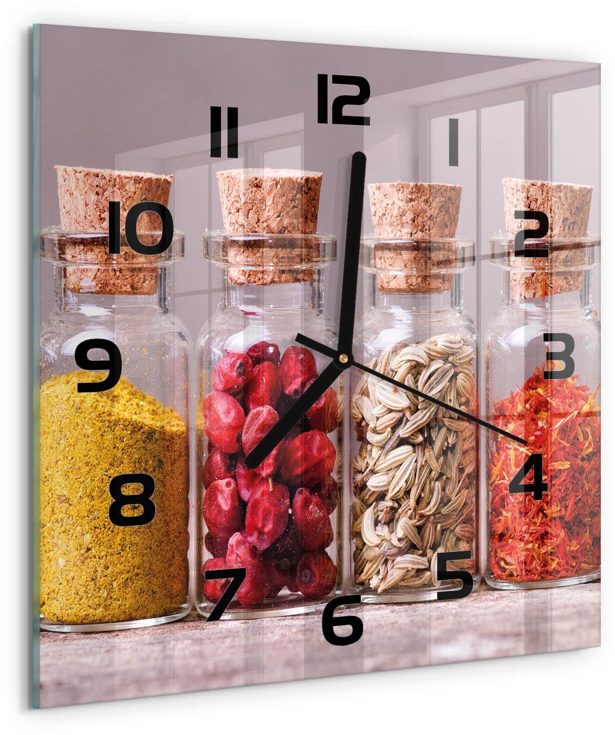 Tulup Wandklok - Kleurrijke specerijen Decoratieve Glazen Klok - 30x30 cm - Veelkleurig Glazen Wandklok Design - Zwarte handen - Vierkante Klok - Glazen Klok Met Print - Wandklok Glas Met Motief
