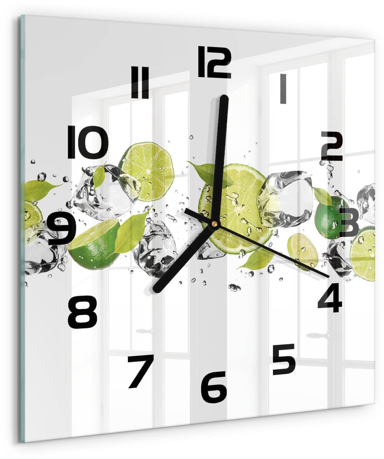 TULUP Wandklok - Kalk en water Klok Glas Met Opdruk - 30x30 cm - Groente Moderne Wandklok Glas - Zwarte handen - Vierkante Klok - Decoratieve Glazen Klok - Glazen Wandklok Design