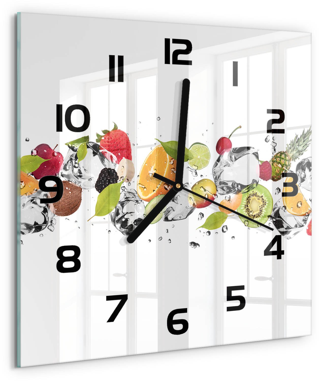 TULUP Wandklok - Fruit en water Wandklok Glas Met Motief - 30x30 cm - Veelkleurig Decoratieve Glazen Klok - Zwarte handen - Vierkante Klok - Gekleurde Glazen Klok - Glazen Klok Met Print