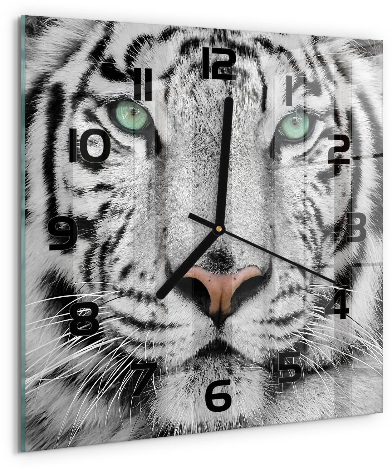 TULUP Wandklok - Witte Tijger Wandklok Glas Met Motief - 30x30 cm - Wit Decoratieve Glazen Klok - Zwarte handen - Vierkante Klok - Gekleurde Glazen Klok - Glazen Klok Met Print