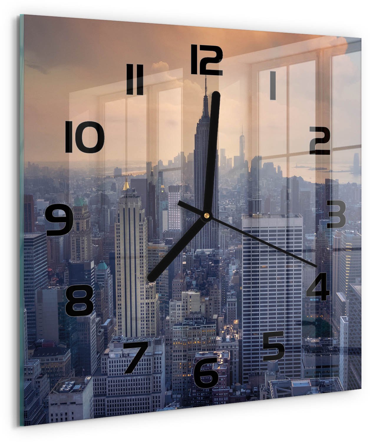 Tulup Wandklok - Manhattan, New York Glazen Klok Met Print - 30x30 cm - Grijs Wandklok Glas Met Motief - Zwarte handen - Vierkante Klok - Wandklok Glas Decoratie - Gekleurde Glazen Klok