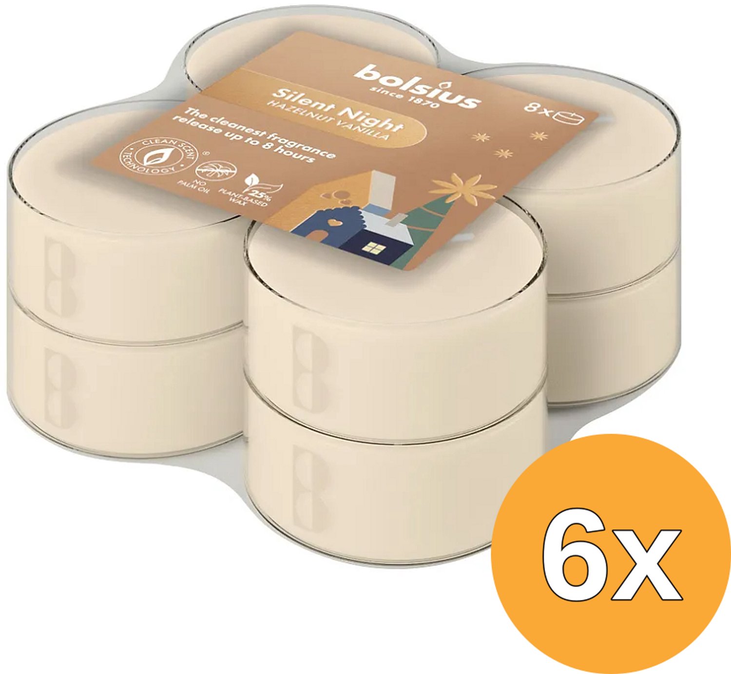6x Bolsius Maxilichten clear cup 8u True Glow Silent Night (8 stuks)