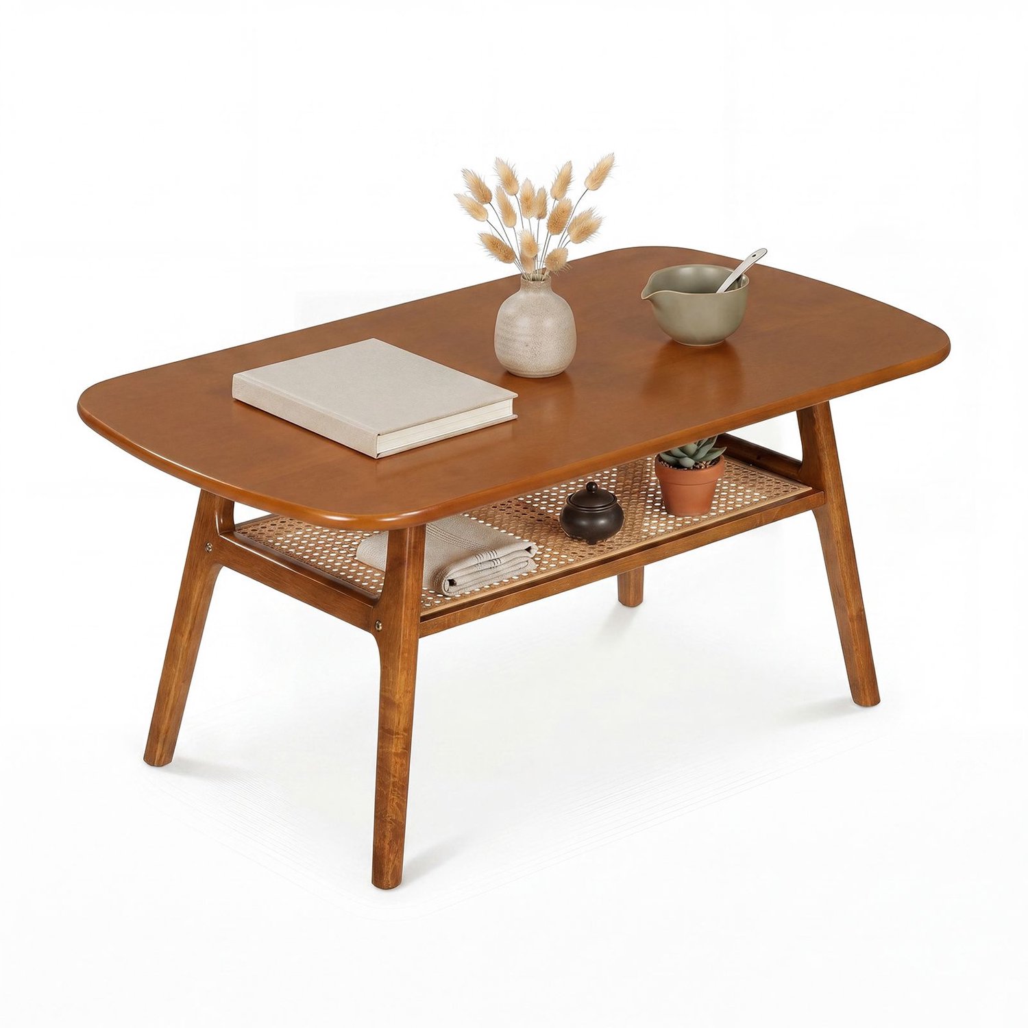 SureDeal® - Salontafel - Rotan Plank Rechthoekige - Twee Niveaus - Poten Rubberhout - 100x53,5x45,5 cm - Natuur
