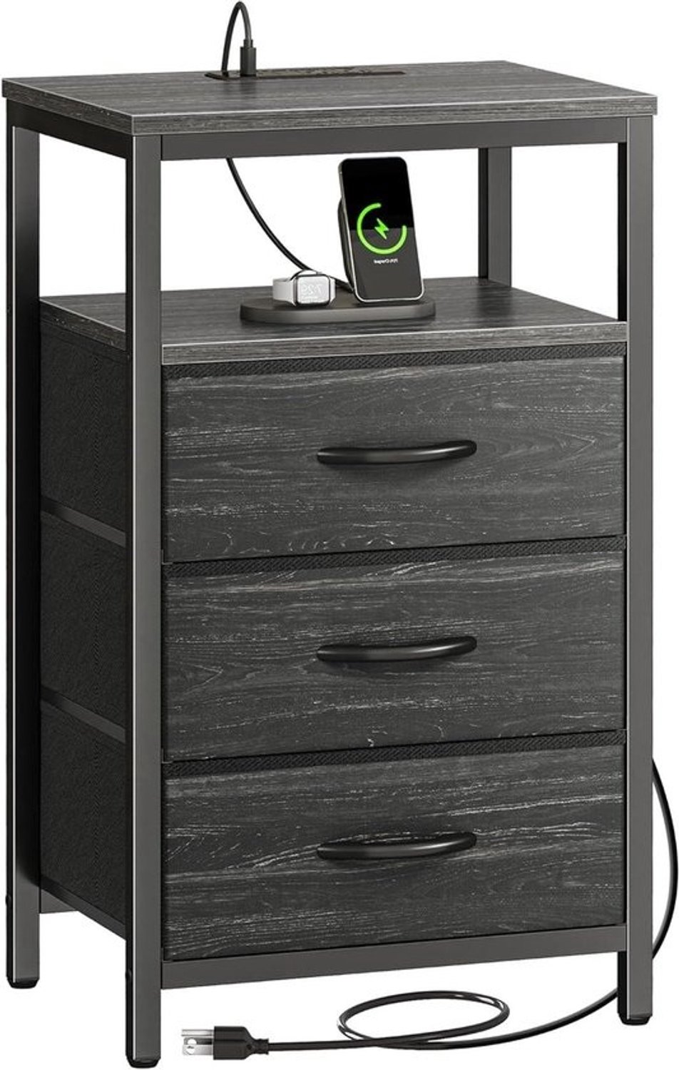 Nachtkastje met Laadstation - Bijzettafel Slaapkamer - Apparaten Opladen - Geïntegreerde Stopcontacten - 70 cm Hoog - Houtnerf Antraciet