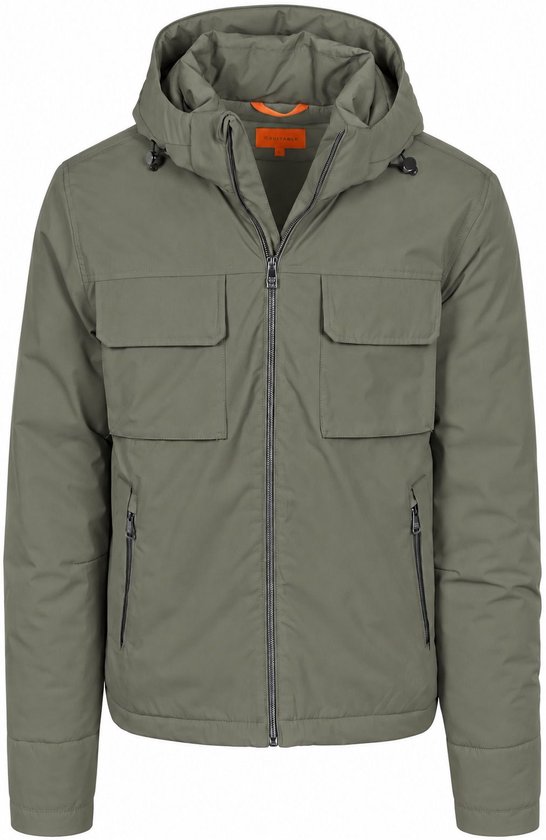 Olijfgroene Suitable jas met ritssluiting, borstzakken en oranje accenten in de nek.