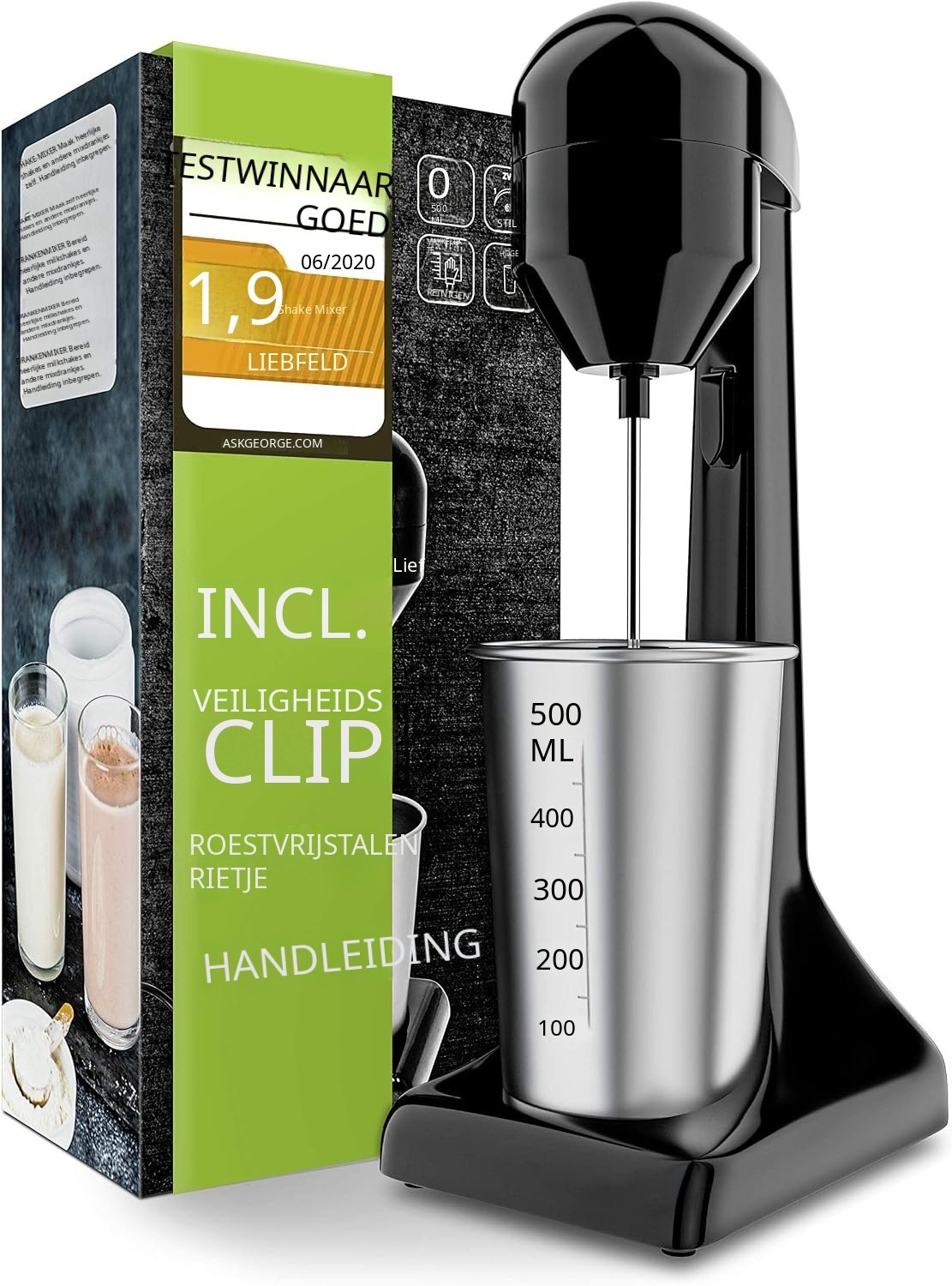 QEVA Milkshake Machine - Blender - Smoothiemaker - Zwart - 12cm x 17cm x 39cm