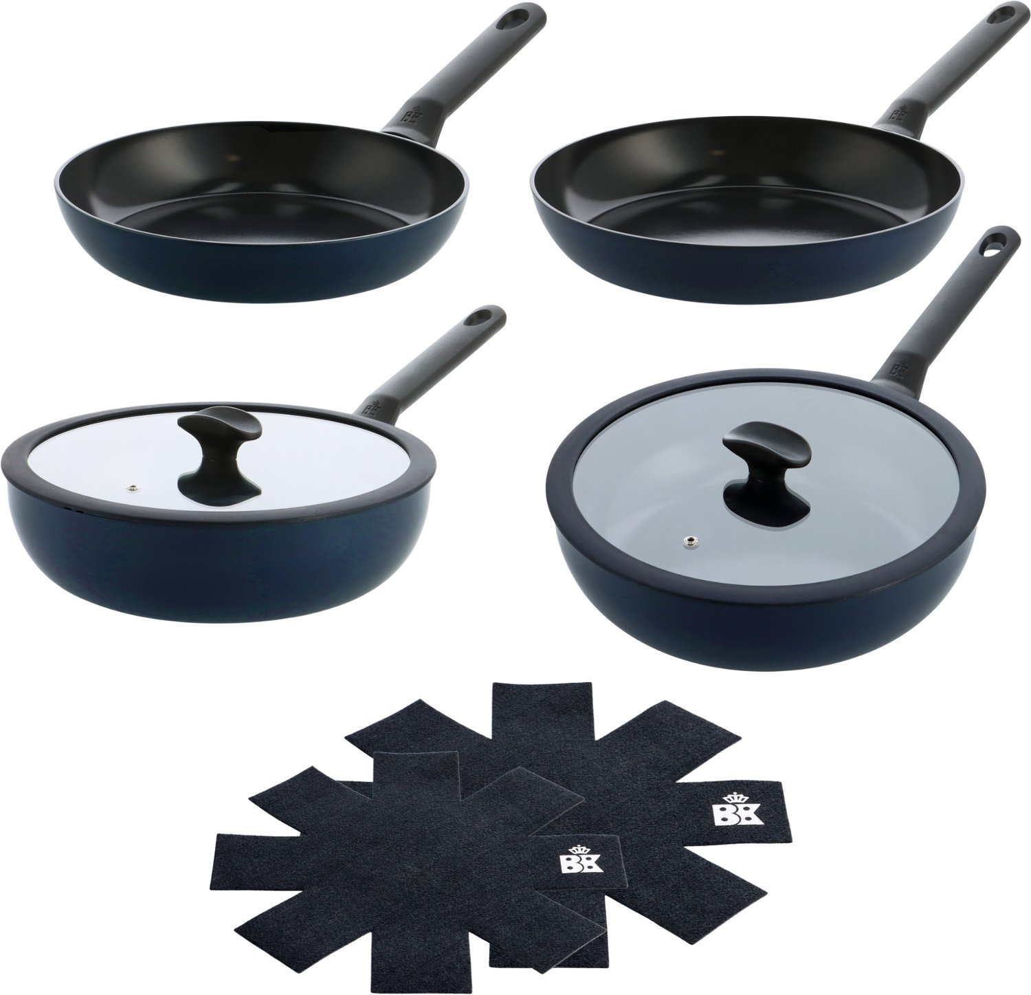 BK Enjoy Pannenset 4-delig - Koekenpan 24/28cm - Hapjespan met deksel 28cm/3.4L - Wokpan met deksel 28cm/4.2L- PFAS-vrije antikleeflaag - Pannenset inductie - Keramische pan - Ovenbestendig tot 160°C - Koudgrepen - Met Pan protectors - Oxford blue