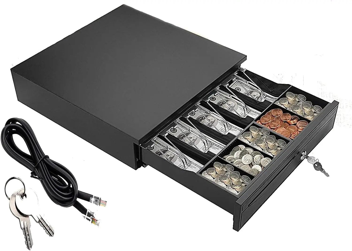 QX-G Kassalade - RJ11 POS-aansluiting - 5 biljet- & 5 muntvakken - 3-standen sleutelslot - Uitneembare inzetbak - Zware metalen constructie