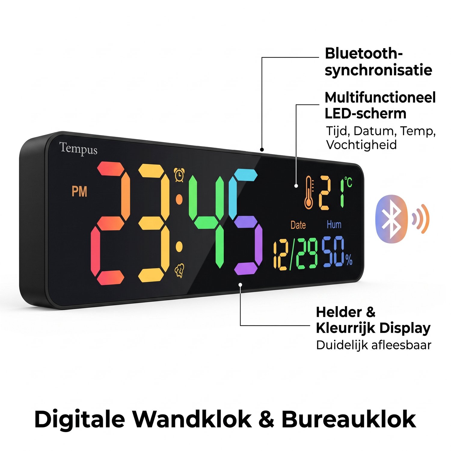 Digitale RGB LED Wandklok & Bureauklok met Bluetooth (36 cm) - Wekker met Afstandsbediening, Temperatuur & Luchtvochtigheid - 12 Kleuren - Rechthoekig - Zwart