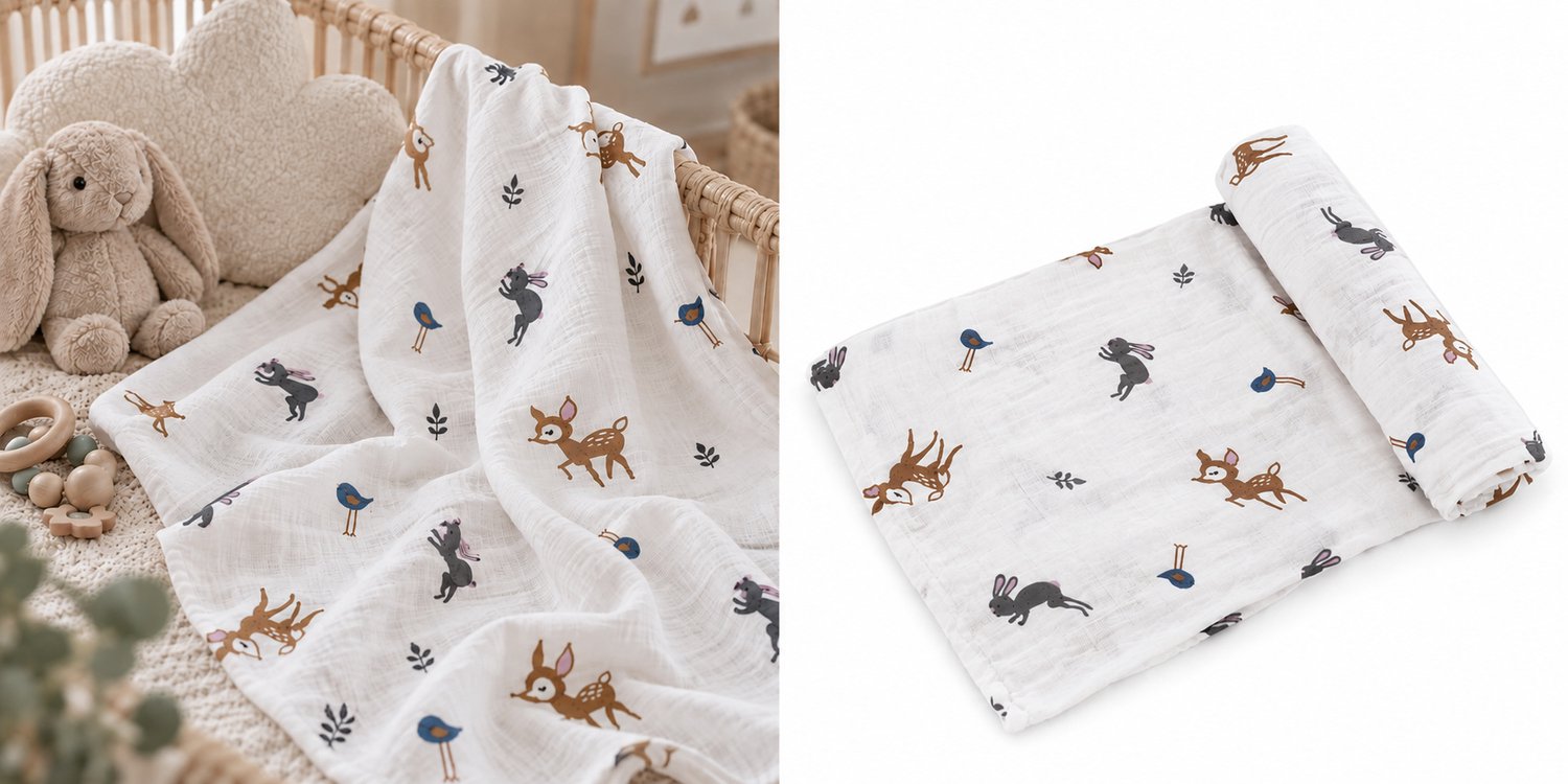 Hydrofiele Doek XL 120x120 cm – Inbakerdoek & Swaddle – Hydrofiel Katoen – Hertje - Bosdieren Print – Multifunctionele Babydoek – Kraamcadeau