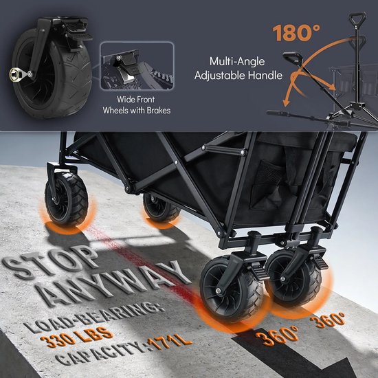 NextNovaDeals Opvouwbare Wagen - Bolderkar - 171L - All Terrain Wielen - 360° Zwenkwielen - Remmen - Stalen Frame - Camping Tuin — afbeelding 5