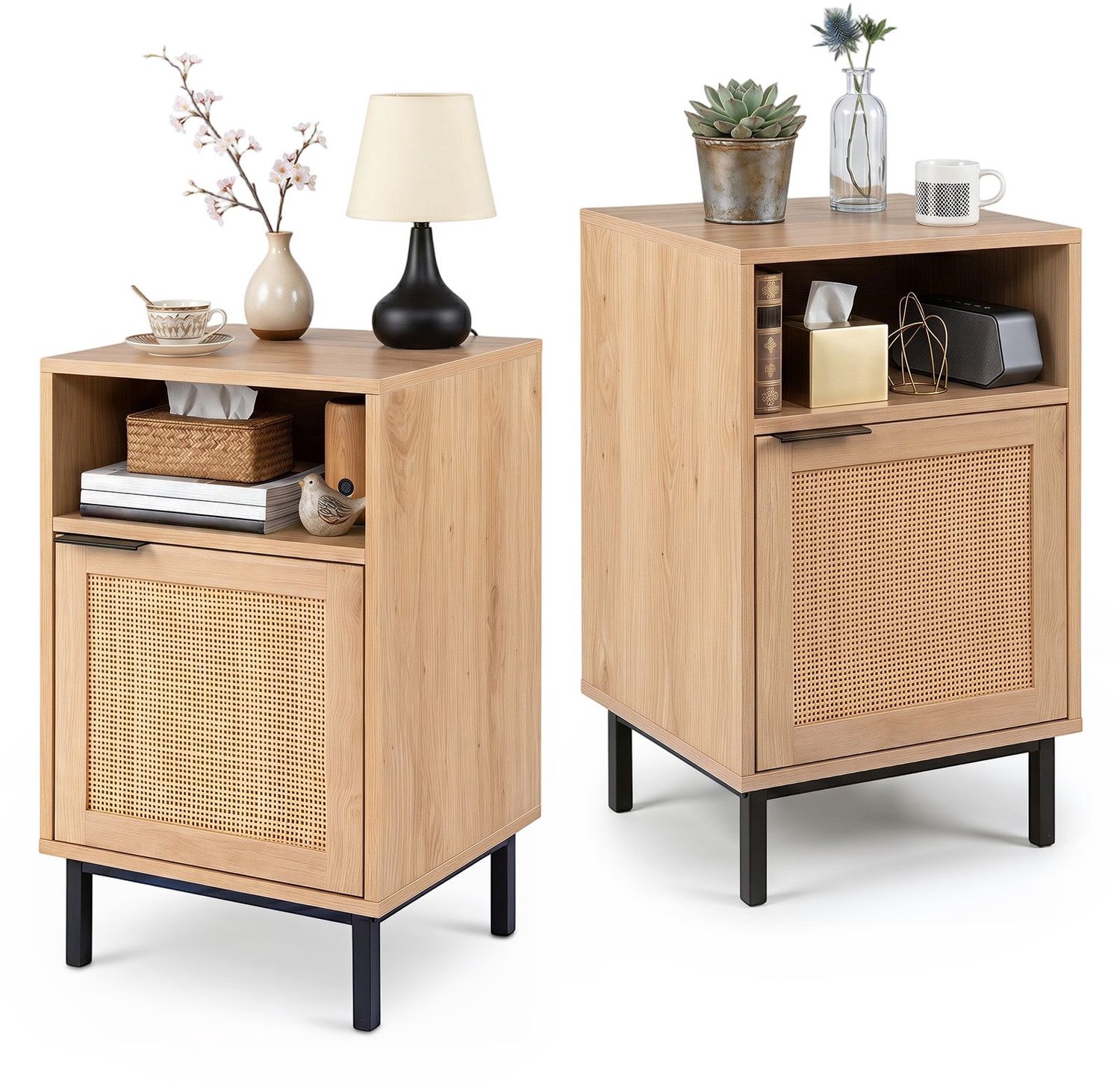 SureDeal® - Nachtkastje - Rattan Deur Open - Metalen Stabiele nachtkast - Slaapkamer Woonkamer Naturel - 40x35x65,5 cm - Naturel
