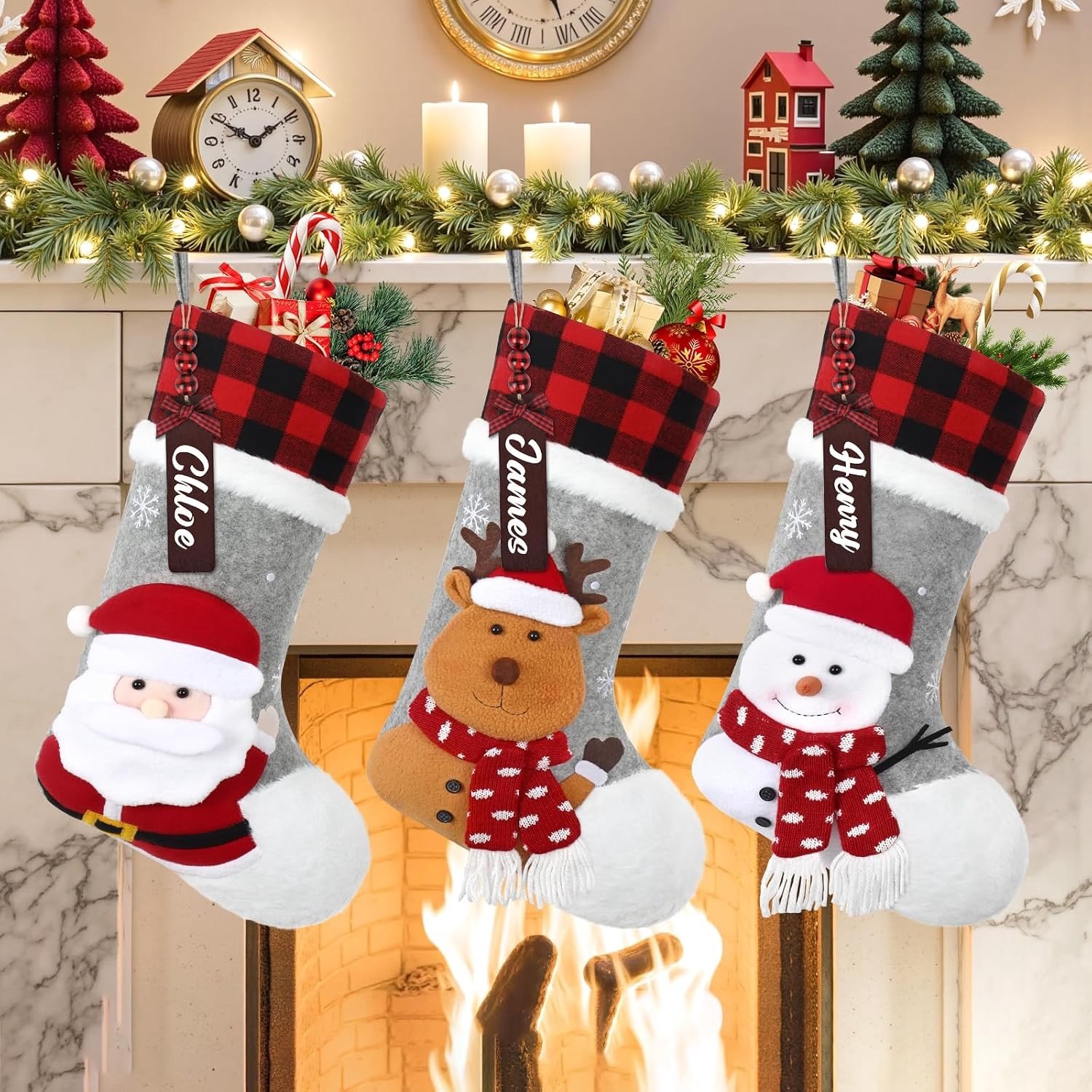Gepersonaliseerde Kerstkousen - Rendier Kerstman Sneeuwpop - 45 cm - Pluche en Gebreid - Voor Kerstdecoratie