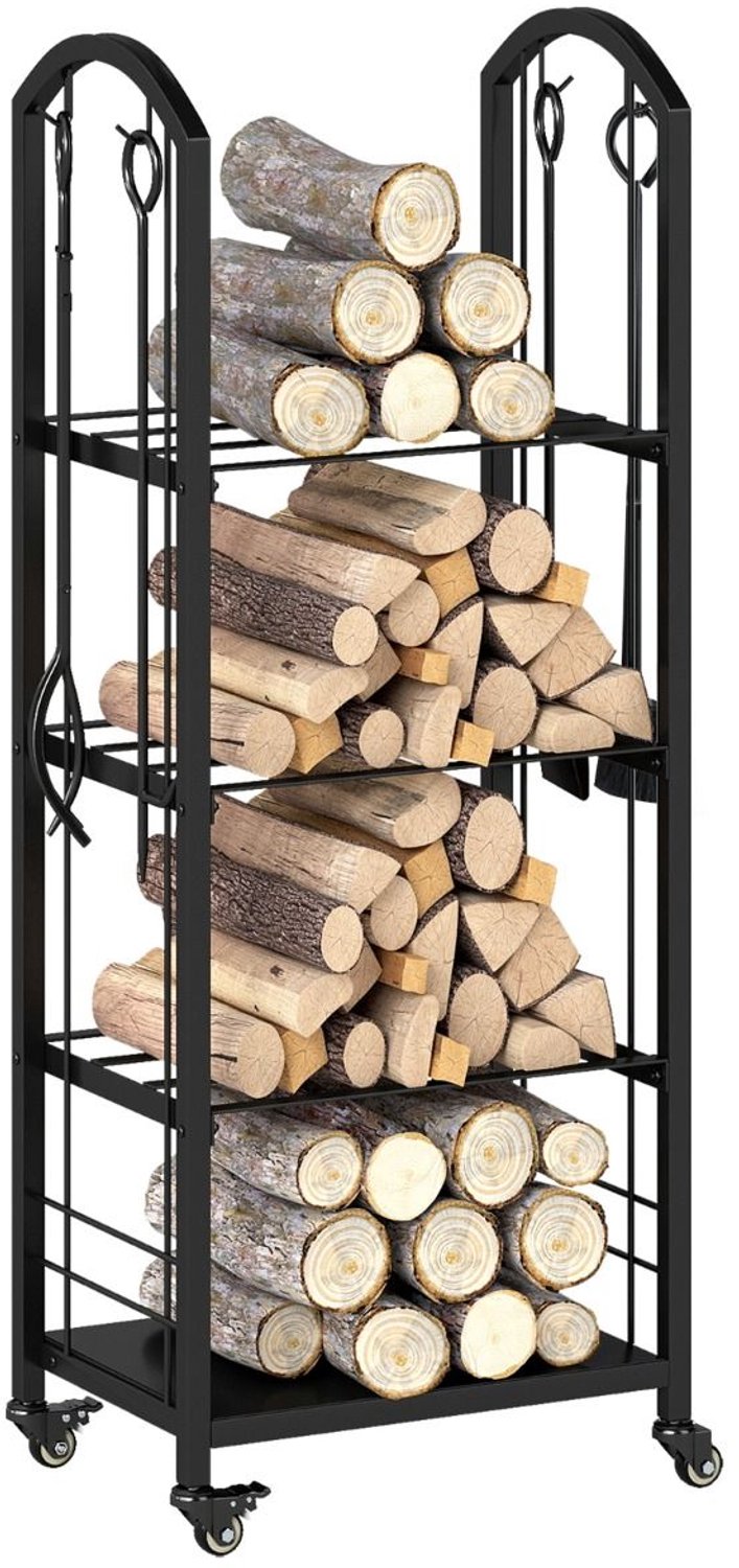 SureDeal® - Haardaccessoire - Laags Brandhoutrek - Wielen Metalen Brandhoutrek - Binnen Buiten - Tang Pook Bezem - 47x33x122 cm - Zwart