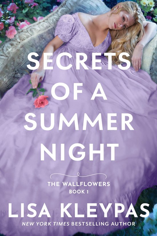 Une jeune femme en robe lavande tient une rose, avec le titre 'Secrets of a Summer Night' sur la couverture.