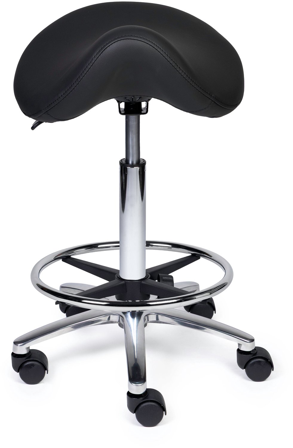 Ergonomische Zadelkruk Premium Zwart op Wielen Hoge uitvoering (70-84cm) / Met voetensteun / Voetdoppen