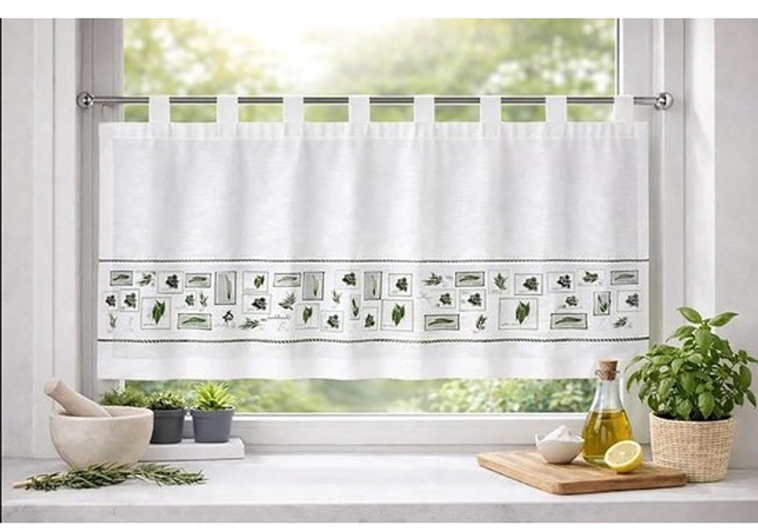 Bistrogordijn met lussen - Keukengordijn kort - Keuken decoratie - Halftransparant kruidenmotief - 50x140 cm - Wit