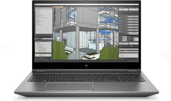 Grijze HP ZBook Fury laptop met een opengeklapt scherm waarop 3D-architectuursoftware en een QWERTY-toetsenbord te zien zijn.