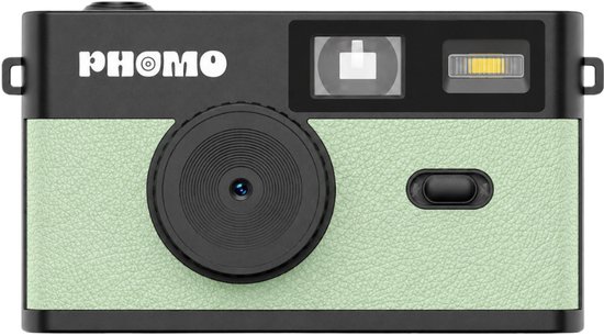 Phomo camera in mintgroen met zwarte details, inclusief lens, flitser en logo.