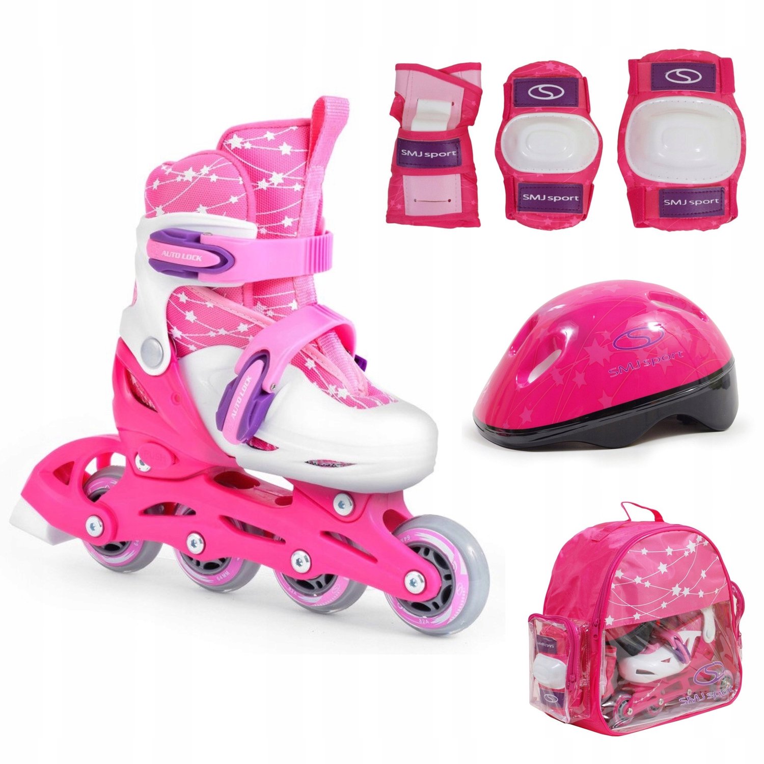 SMJ Sport Kinder Skates Set - Różowy, Verstelbaar 30-33 met Helm & Beschermers