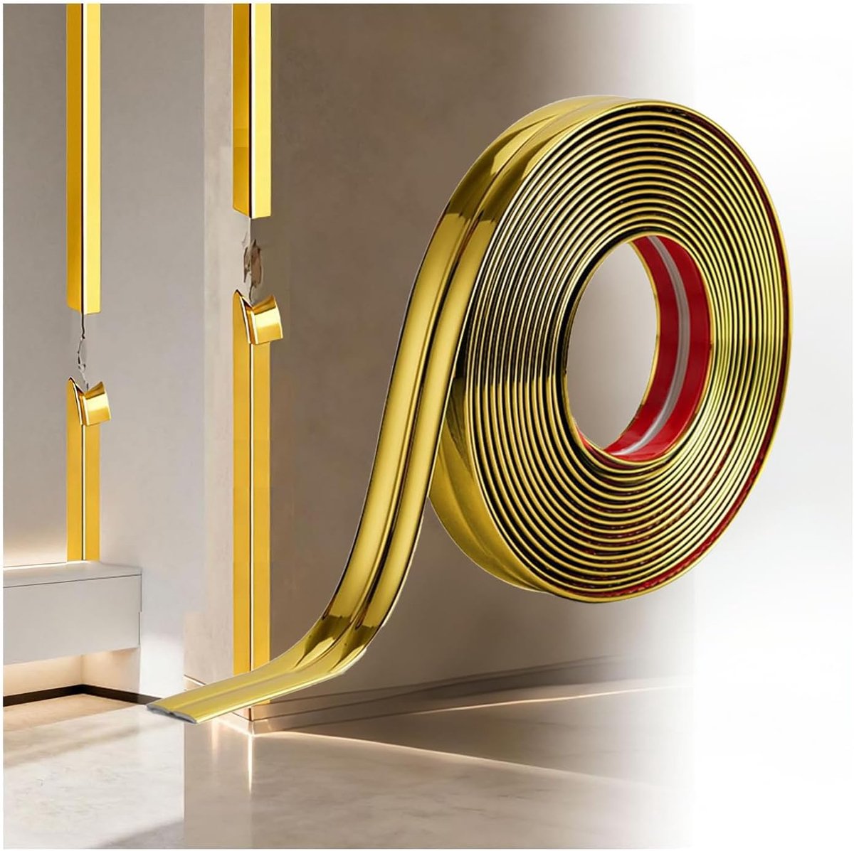 2 cm × 10 m - Zachte Wandlijst - Geschikt voor Deuren, Ramen, Plinten, Plafonds, Kasten, Tafelrandbescherming en Spiegels - Glanzend Goud - 1 stuks