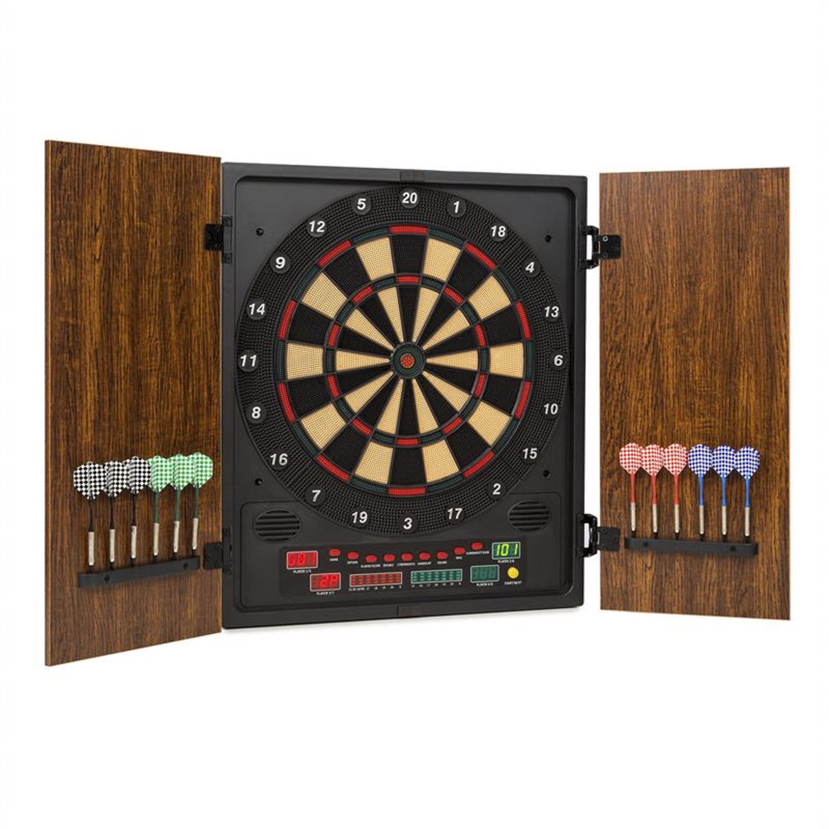 OneConcept - Dartmaster 180 elektronisch dartbord, E-Darts, dartbord voor maximaal 8 spelers, virtuele tegenstander, leddisplays, 12 darts, bruin