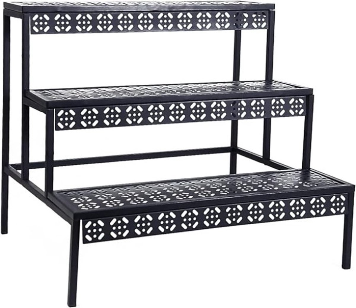 PolkaHome 3-treden metalen plantentrap met decoratief uitsnijpatroon voor binnen en buiten, zwart
