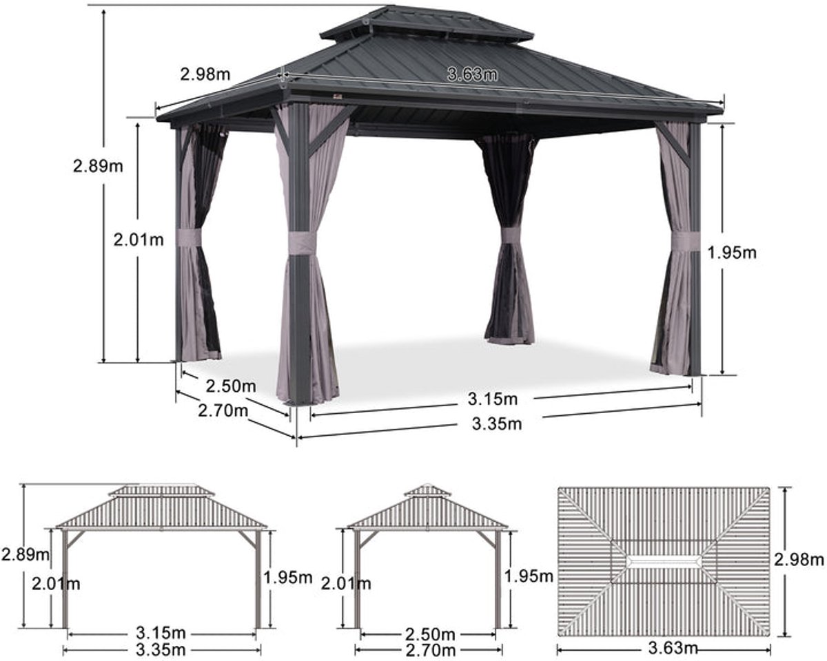 Purple Leaf Hardtop pavillon 3,65 x 3 m - gris