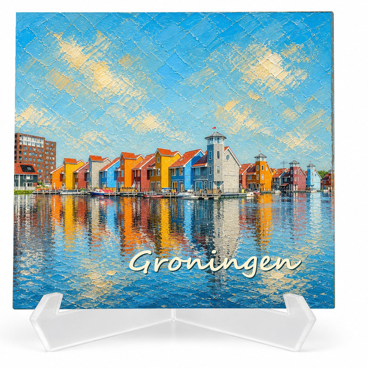 Kleurmedia Tegeltje Groningen – Reitdiephaven – Keramiek 15 x 15 cm – Inclusief transparante houder – Souvenir