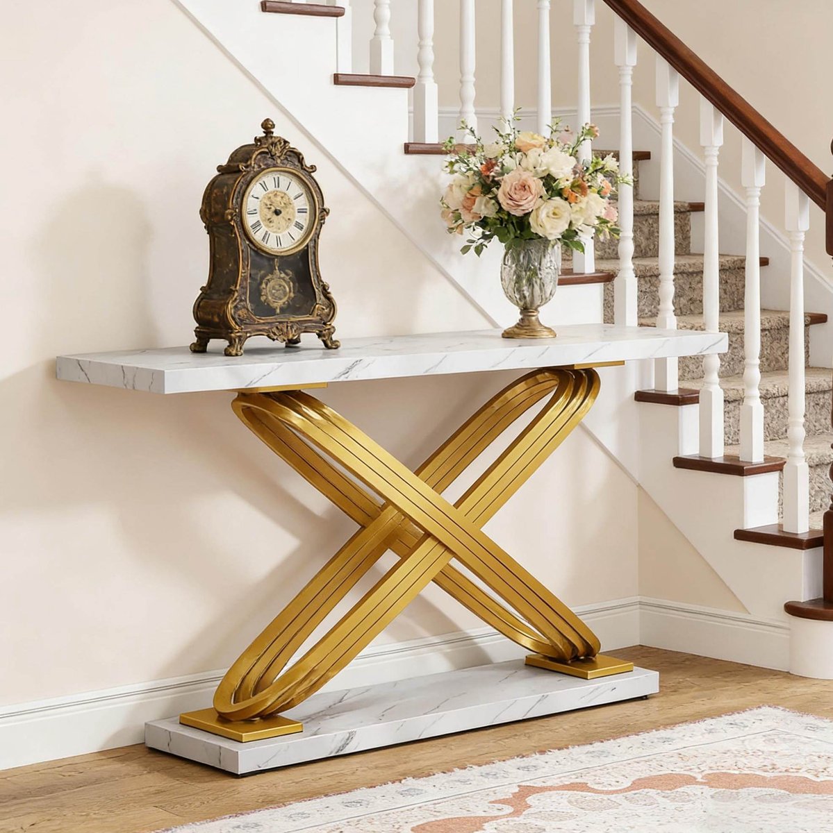 MODFU-Sidetable-Metalen-X-Poot-Marmerlook-Goud-Wit